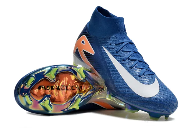 Nike Bleu Orange Haut-Coupé Collet Chaussette Ajusté Tricot Texturé Supérieur Sol Ferme Chaussures Football 3