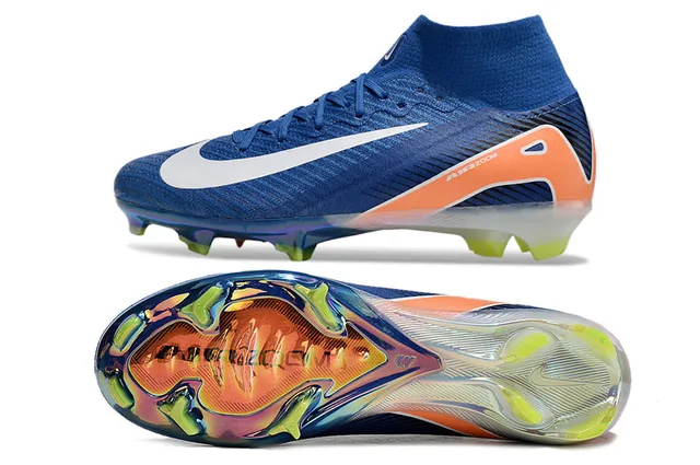 Nike Bleu Orange Haut-Coupé Collet Chaussette Ajusté Tricot Texturé Supérieur Sol Ferme Chaussures Football 5