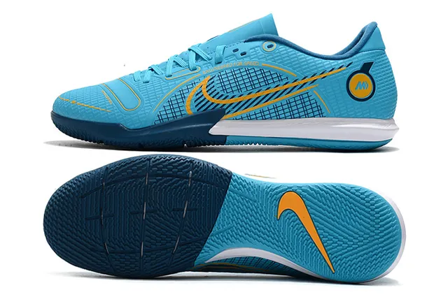 Nike Tênis de futebol indoor de corte baixo upper sintético overlay texturizado em grade color azul laranja 6