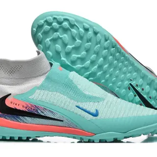 Nike नीला गुलाबी सोक-फिट निट अपर असममेट्रिकल लेसिंग टर्फ सोकर जूते