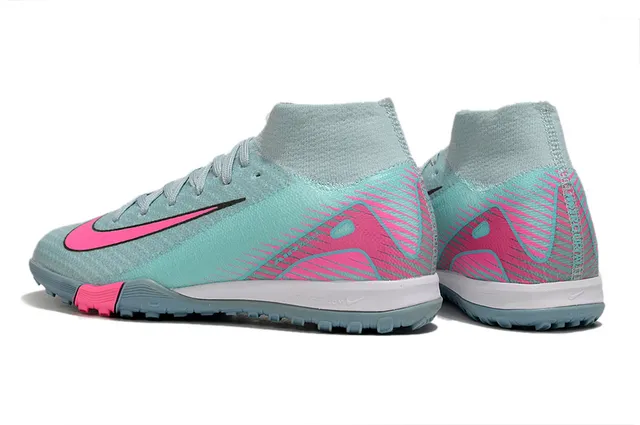 Nike Zapatillas de fútbol para turf con upper de calcetín de punto ajustable tipo calcetín, tobillo alto, color azul y rosa 4