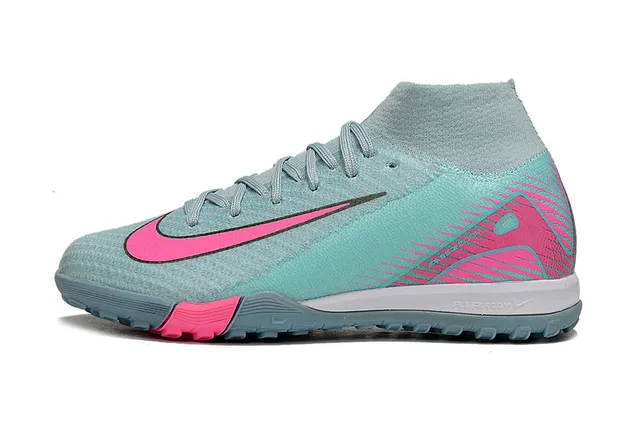 Nike Zapatillas de fútbol para turf con upper de calcetín de punto ajustable tipo calcetín, tobillo alto, color azul y rosa 6