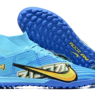 Nike Blue Yellow High-Top Knit Upper Synthetic Cage Overlay Turf Soccer Shoes
