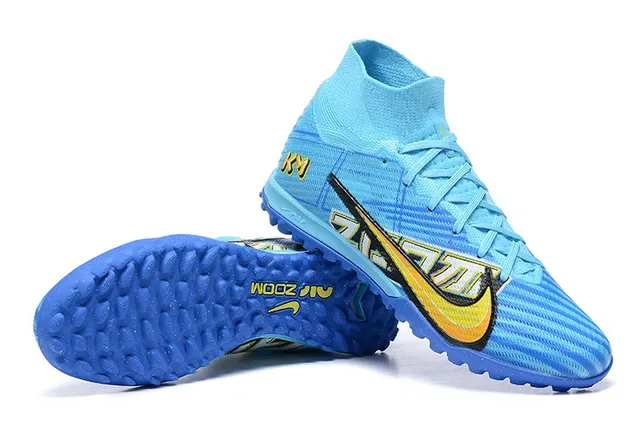 Nike Sapatos de Futebol Turf Azul e Amarelo High-Top com Upper de Tricô e Overlay de Cage Sintético 6