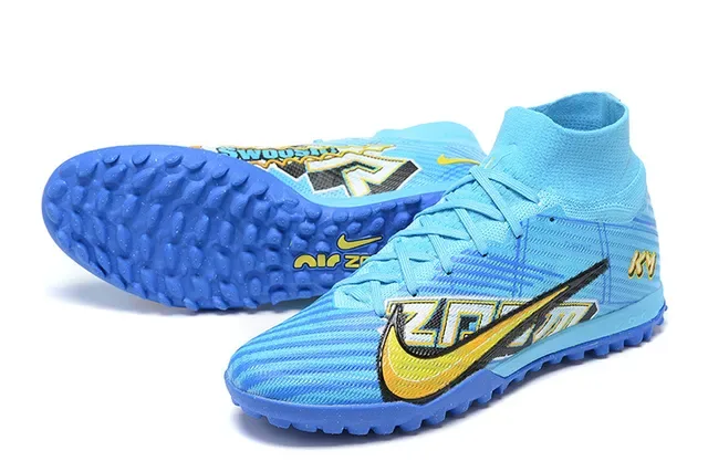 Nike Sapatos de Futebol Turf Azul e Amarelo High-Top com Upper de Tricô e Overlay de Cage Sintético 7
