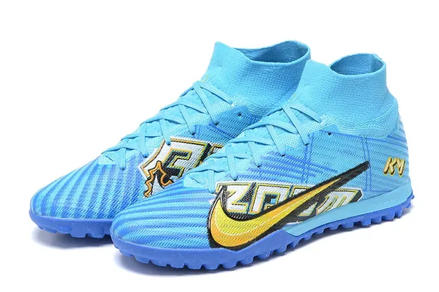 Nike Sapatos de Futebol Turf Azul e Amarelo High-Top com Upper de Tricô e Overlay de Cage Sintético 8