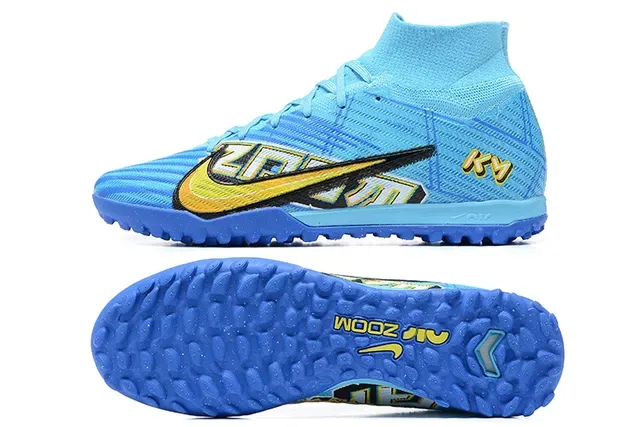 Nike Sapatos de Futebol Turf Azul e Amarelo High-Top com Upper de Tricô e Overlay de Cage Sintético 9