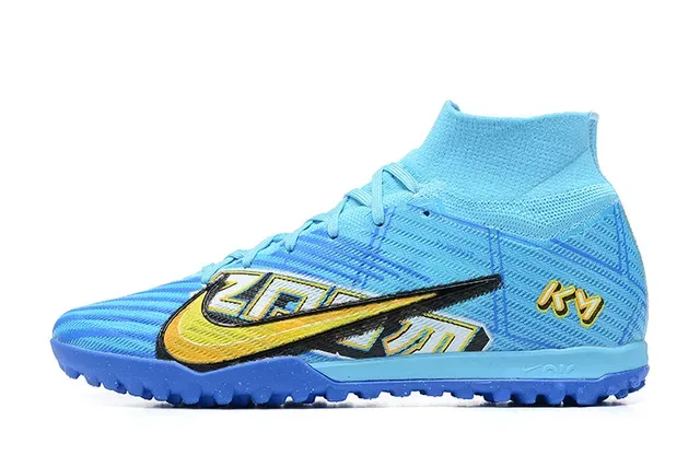 Nike Sapatos de Futebol Turf Azul e Amarelo High-Top com Upper de Tricô e Overlay de Cage Sintético 10