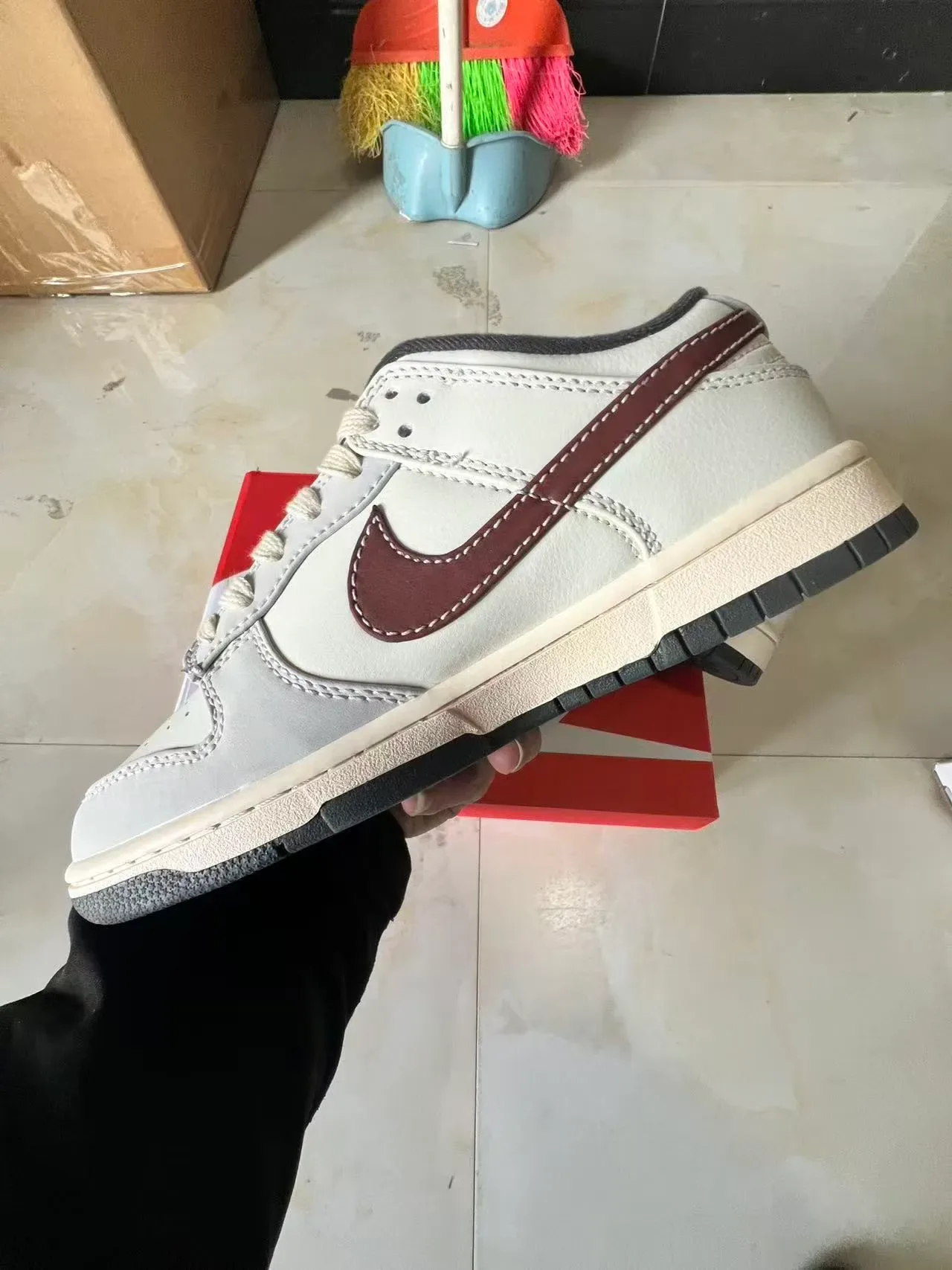 Nike Dunk Low Off-White Maroon Stitched Swoosh Lifestyle Sneakers 5