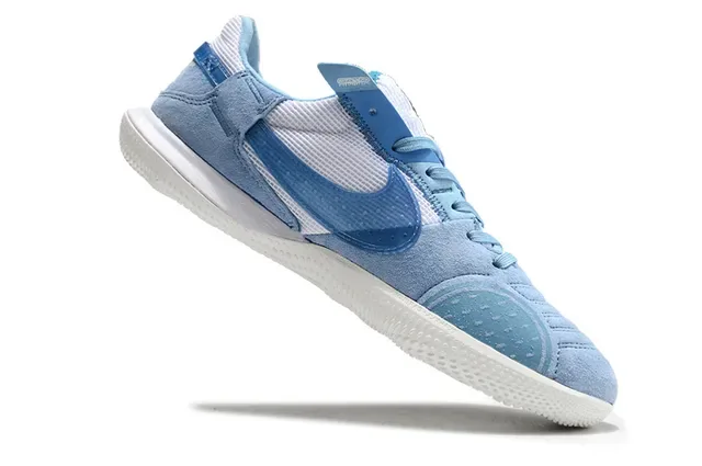 Nike Gato Tênis de Futebol Indoor Azul Branco Low Top Couro de Camurça Malha Híbrido 2