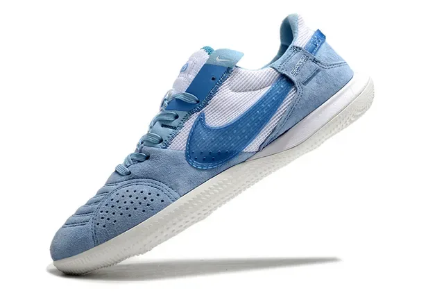 Nike Gato Tênis de Futebol Indoor Azul Branco Low Top Couro de Camurça Malha Híbrido 3