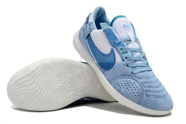 Nike Gato Tênis de Futebol Indoor Azul Branco Low Top Couro de Camurça Malha Híbrido 4