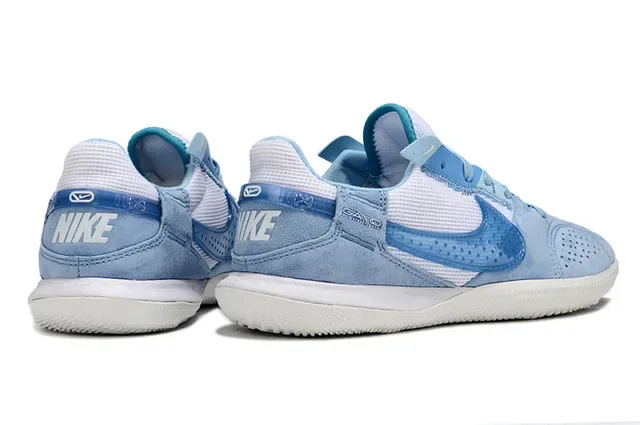 Nike Gato Tênis de Futebol Indoor Azul Branco Low Top Couro de Camurça Malha Híbrido 5