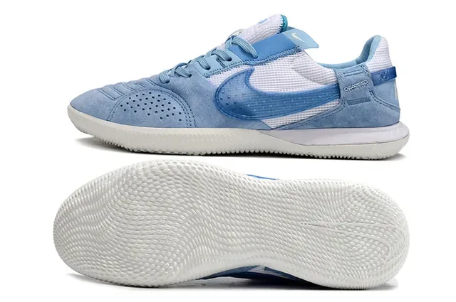 Nike Gato Tênis de Futebol Indoor Azul Branco Low Top Couro de Camurça Malha Híbrido 6