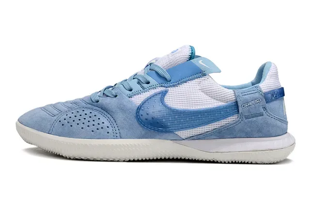 Nike Gato Tênis de Futebol Indoor Azul Branco Low Top Couro de Camurça Malha Híbrido 7
