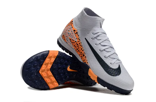 Nike Cinza Laranja Colarinho de Meia Salpicado Painel Lateral Sapatos de Futebol Indoor 2