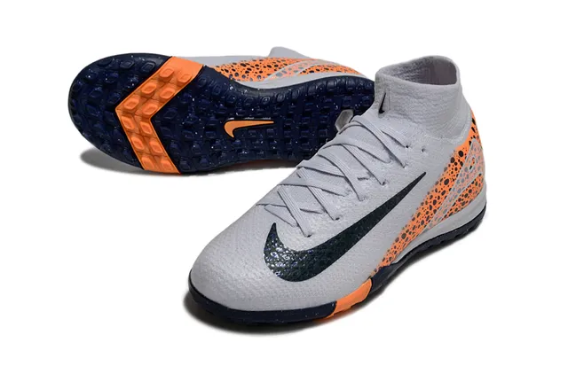 Nike Cinza Laranja Colarinho de Meia Salpicado Painel Lateral Sapatos de Futebol Indoor 3