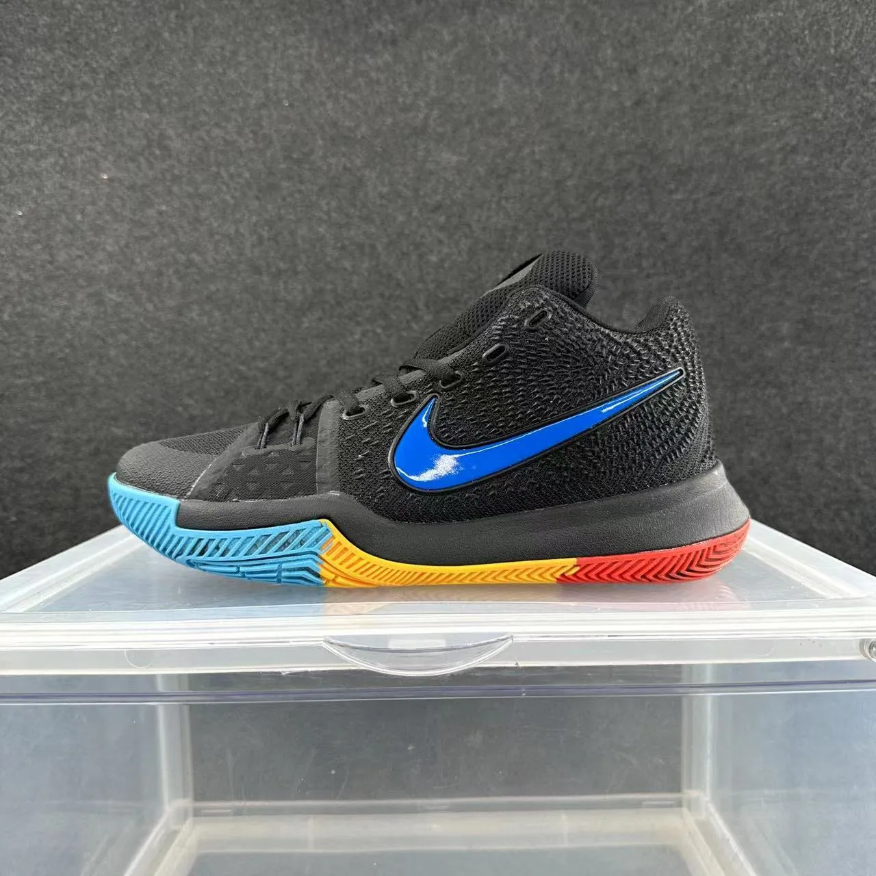 Nike Kyrie Black Blue Knit Upper Multi-Color Segmented Outsole Basketball Shoes 1