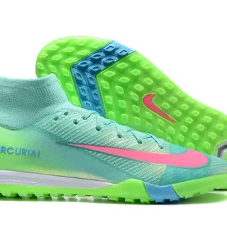 Nike Mercurial हरा गुलाबी हाई-कट फ्लाईकिनिट उपरी नियोन ग्रेडिएंट कलर ब्लॉकिंग टर्फ सोकर शूज