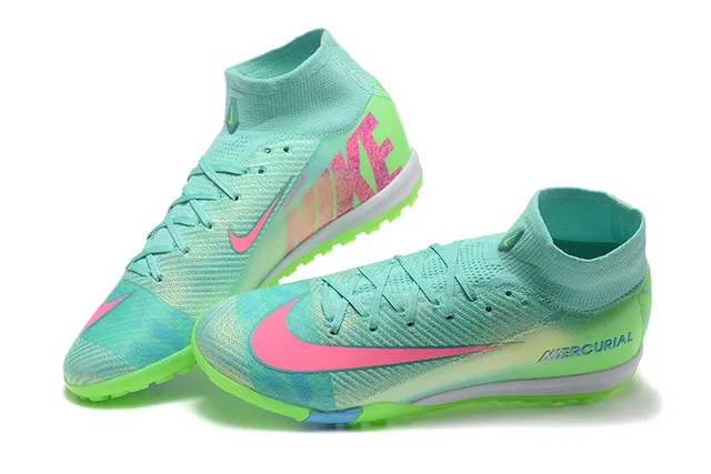 Nike Mercurial vert rose high-cut Flyknit upper neon gradient color blocking chaussures de soccer pour pelouse artificielle 3