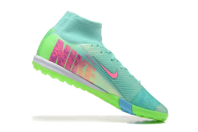 Nike Mercurial vert rose high-cut Flyknit upper neon gradient color blocking chaussures de soccer pour pelouse artificielle 4