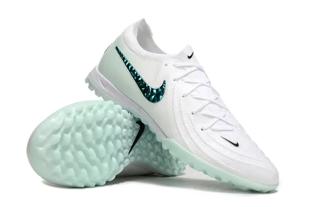Nike Mercurial Turf أحذية كرة قدم أبيض أزرق وجهة علوية من التنسج شفافة باللون الأخضر النعناع للعشب الاصطناعي 12