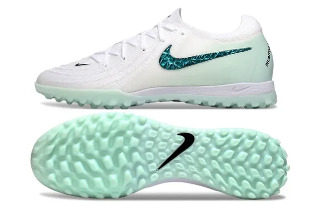 Nike Mercurial Turf أحذية كرة قدم أبيض أزرق وجهة علوية من التنسج شفافة باللون الأخضر النعناع للعشب الاصطناعي 14