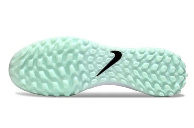 Nike Mercurial Turf أحذية كرة قدم أبيض أزرق وجهة علوية من التنسج شفافة باللون الأخضر النعناع للعشب الاصطناعي 15