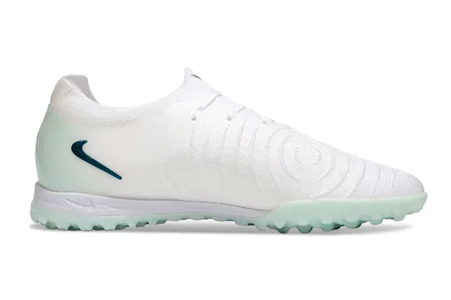 Nike Mercurial Turf أحذية كرة قدم أبيض أزرق وجهة علوية من التنسج شفافة باللون الأخضر النعناع للعشب الاصطناعي 16
