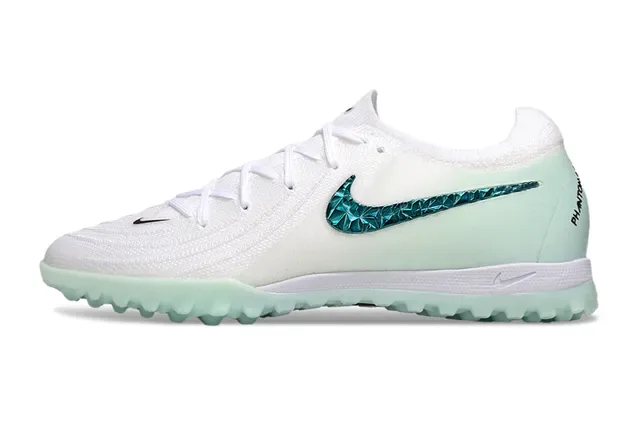 Nike Mercurial Turf أحذية كرة قدم أبيض أزرق وجهة علوية من التنسج شفافة باللون الأخضر النعناع للعشب الاصطناعي 17