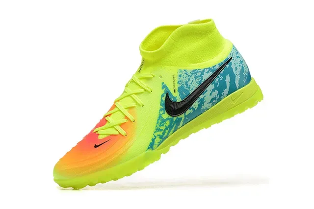 Nike Mercurial Chaussures de football jaune bleu à col de chaussette haute avec upper de gradient néon pour turf 5
