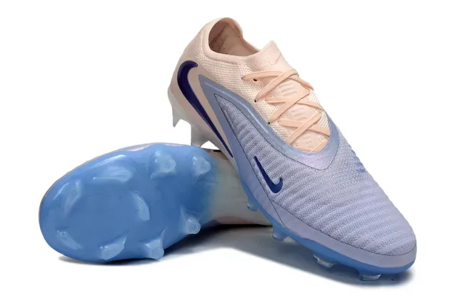 Nike Phantom GT Beige Bleu Knit Upper Overlay Asymétrique Firm-Ground Chaussures de Football 3