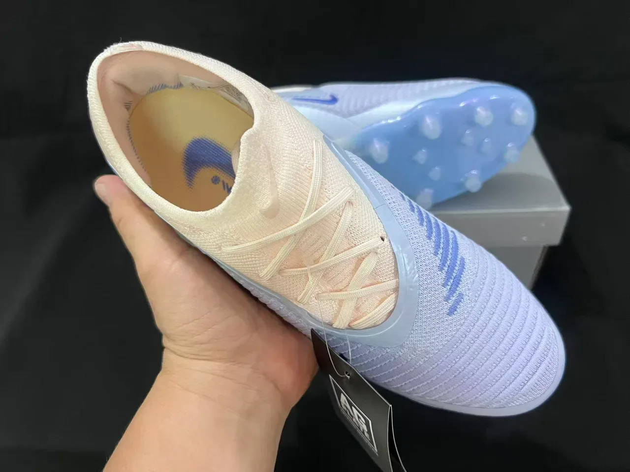 Nike Phantom GT Beige Blue Upper Knit Lacets Asymétriques Chaussures de football pour terrain ferme 12