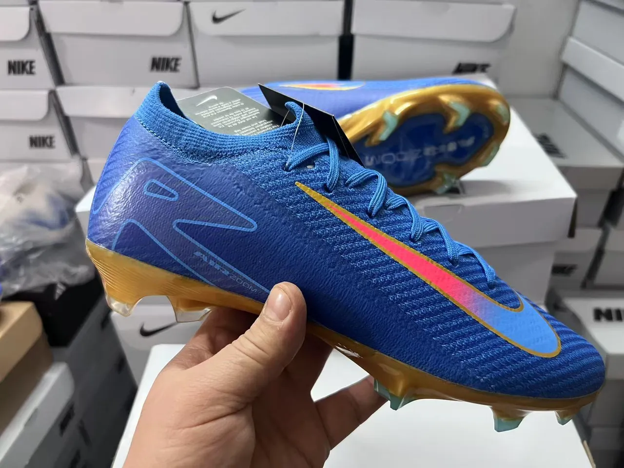 Nike Phantom GT Blue Gold Knit Upper Gradient Swoosh Firm-Ground Soccer Shoes 7
