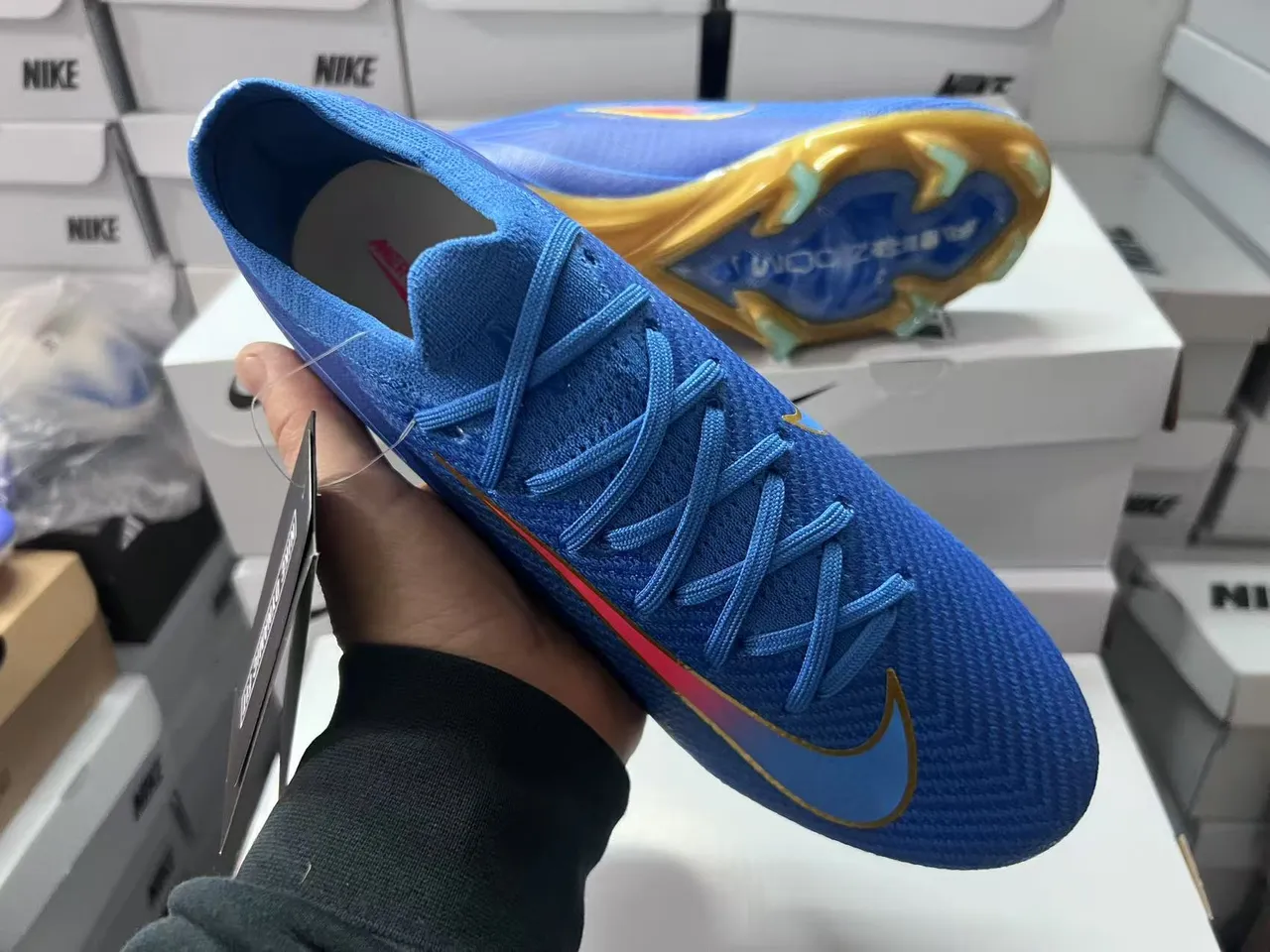 Nike Phantom GT Blue Gold Knit Upper Gradient Swoosh Firm-Ground Soccer Shoes 9