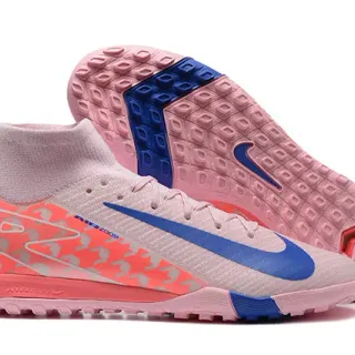 Nike Phantom GT Chuteiras de futebol turf rosa e azul com collar alto de ajuste de meia e upper de malha sintética