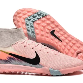 Nike Zapatos de fútbol rosa y negro, con parte superior de punto ajustable al tobillo, alta en el tobillo, para césped