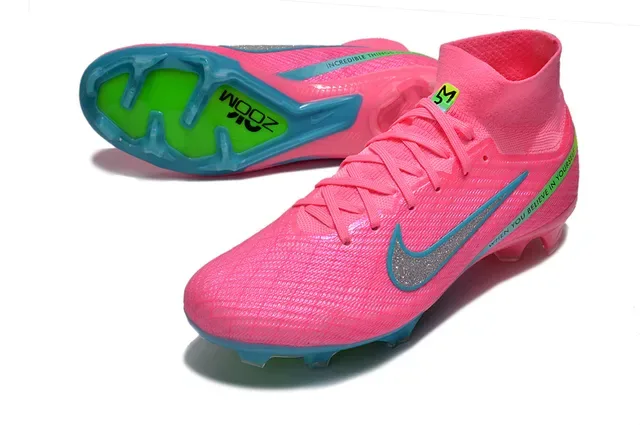 Nike Rosa Azul Alto Corte Knit Upper Visible Zoom Air Unit Firm-Ground Sapatos de Futebol 3
