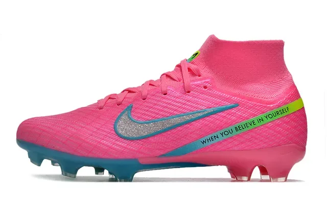 Nike Rosa Azul Alto Corte Knit Upper Visible Zoom Air Unit Firm-Ground Sapatos de Futebol 6
