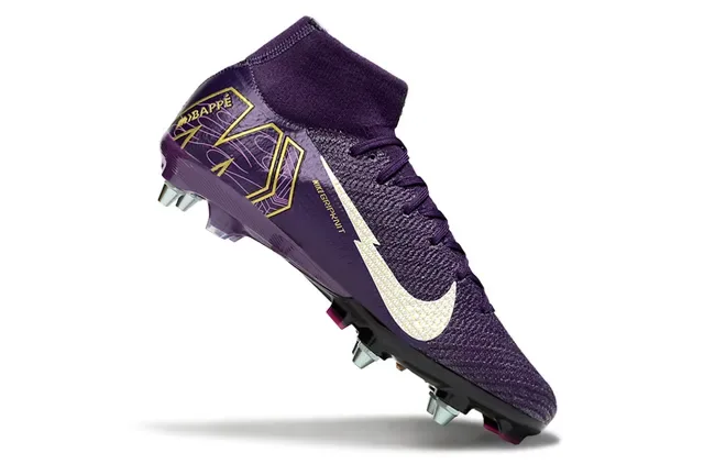 Nike Chaussures de football violet et or coupe haute tige tricotée texturée synthétique terrain ferme 2