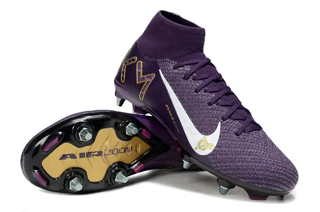 Nike Chaussures de football violet et or coupe haute tige tricotée texturée synthétique terrain ferme 4