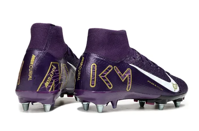 Nike Chaussures de football violet et or coupe haute tige tricotée texturée synthétique terrain ferme 5
