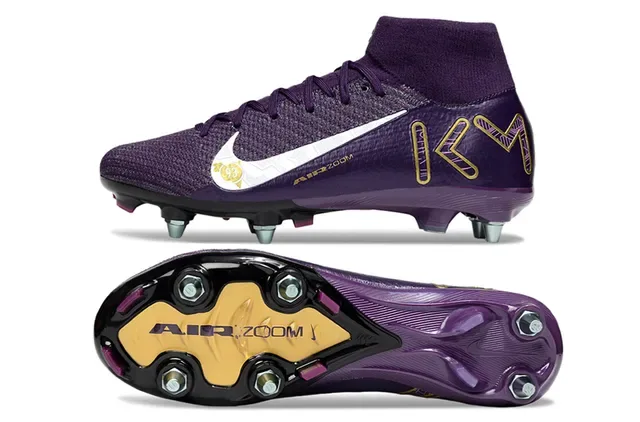 Nike Chaussures de football violet et or coupe haute tige tricotée texturée synthétique terrain ferme 6