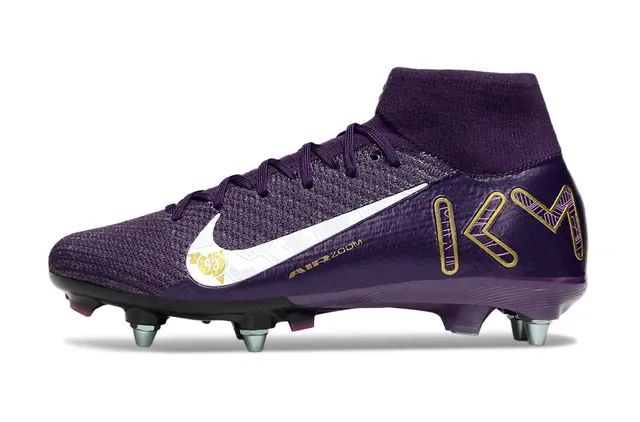 Nike Chaussures de football violet et or coupe haute tige tricotée texturée synthétique terrain ferme 7