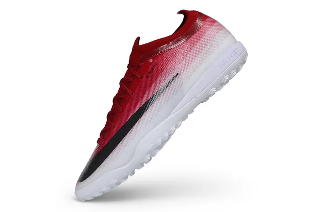 Nike Zapatos de fútbol Turf con upper de knit gradient rojo blanco y overlay de swoosh negro 4