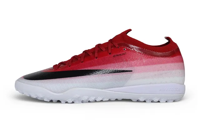 Nike Zapatos de fútbol Turf con upper de knit gradient rojo blanco y overlay de swoosh negro 7
