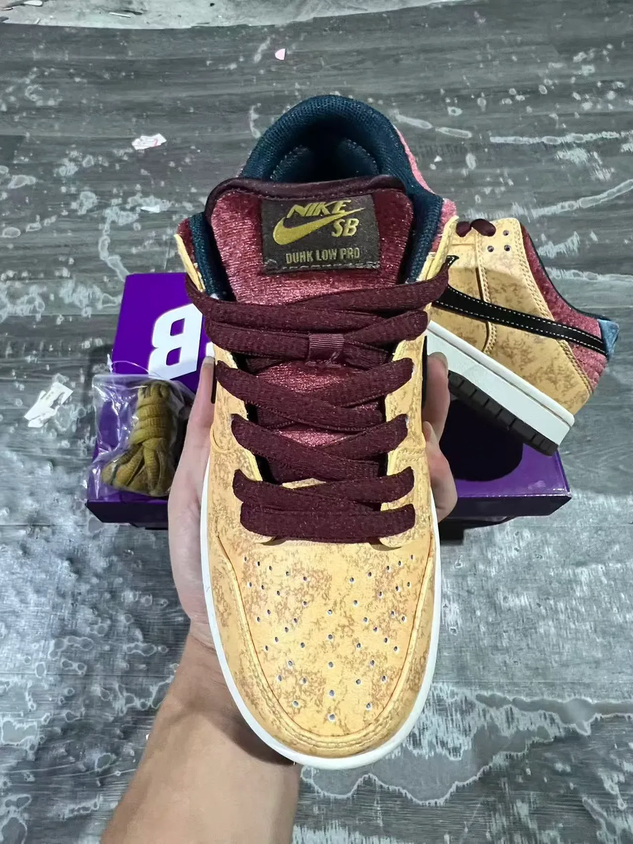 Nike SB Dunk Low Mustard Textured Upper Burgundy Accents Skateboard Shoes 3