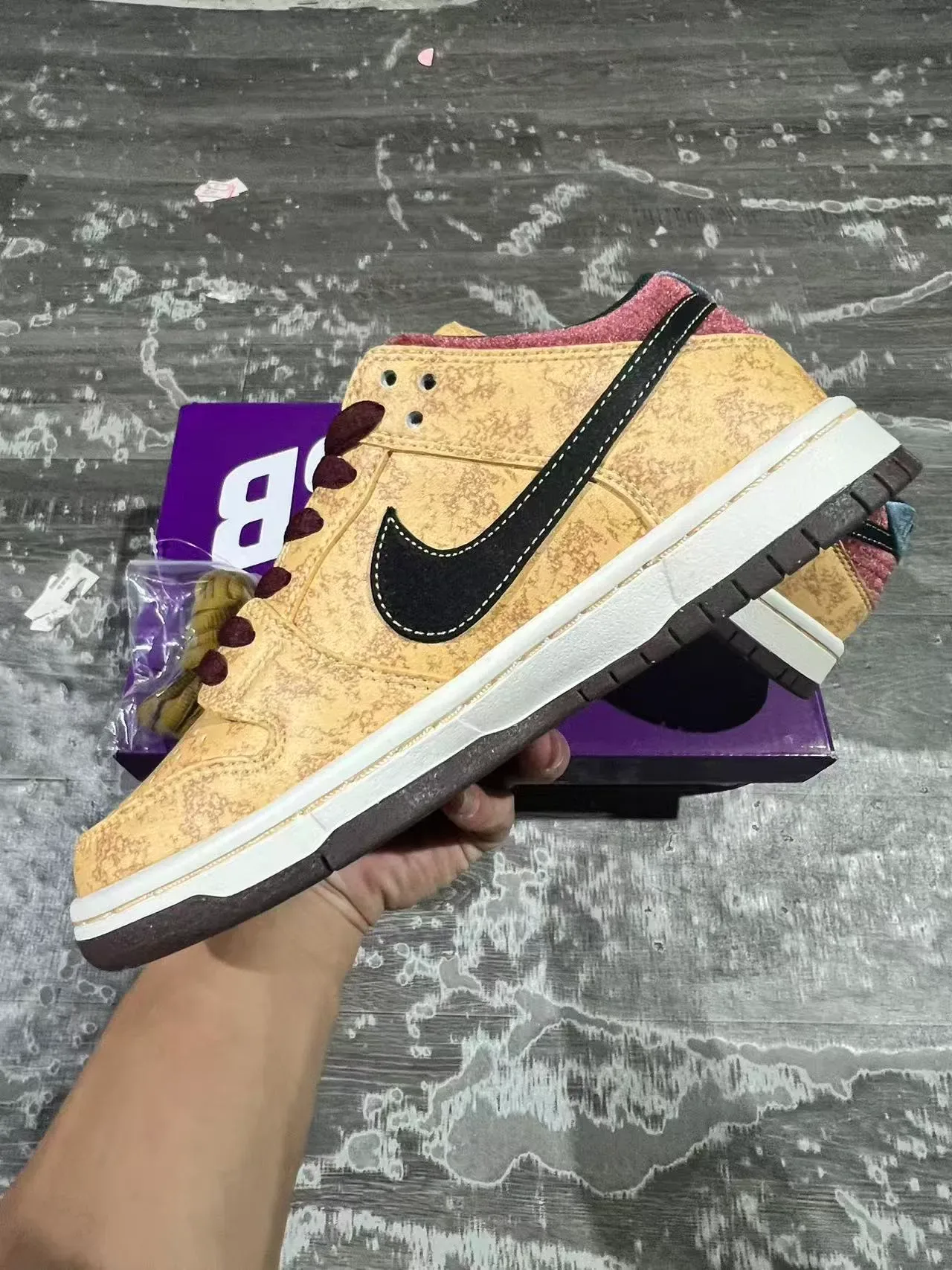Nike SB Dunk Low Mustard Textured Upper Burgundy Accents Skateboard Shoes 5