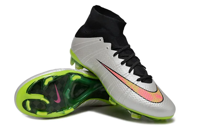 Nike Silver Green High-Cut Sock-Fit Collar Textured Synthetic Upper Firm-Ground Soccer Shoes 4