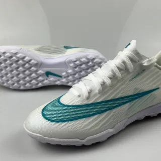 Nike White Blue Flyweave Knit Upper Teal Swoosh Overlay Indoor Soccer Shoes